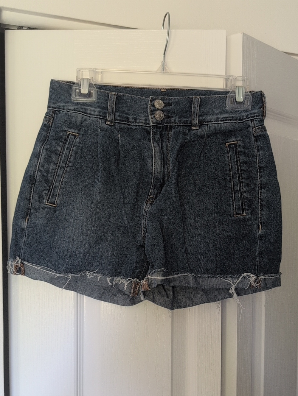 American Eagle Outfitters Dark Blue High-Rise Denim Shorts with Rolled Raw Hem